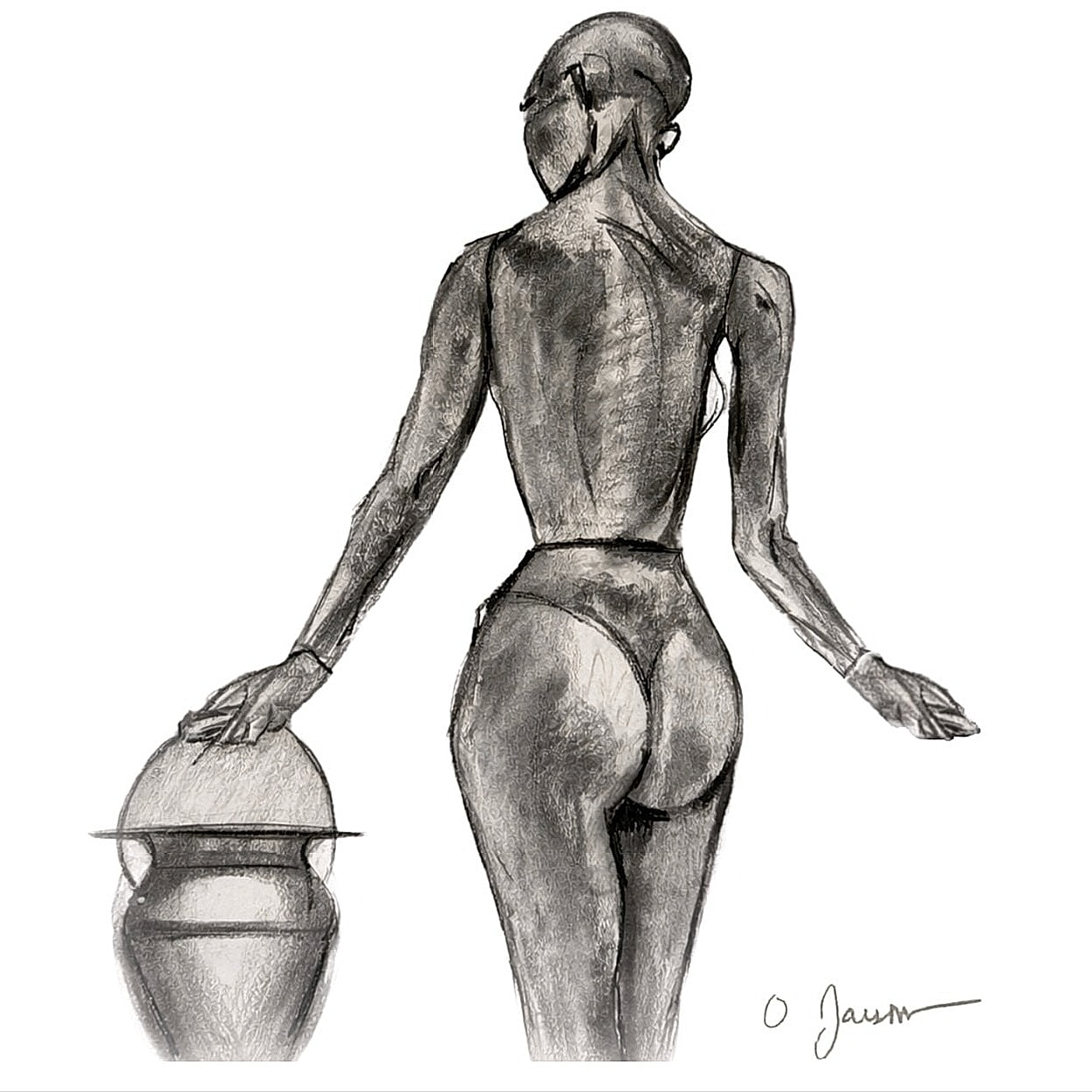 Stylized figure holding an urn, monochrome drawing.