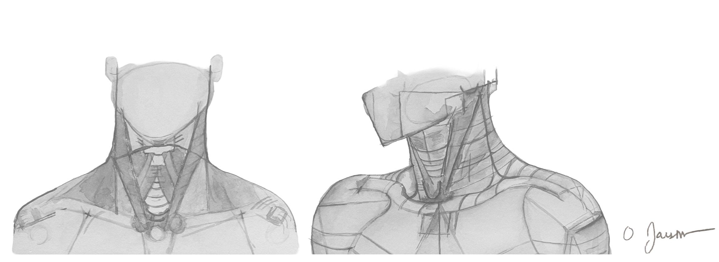 Concept sketches of stylized humanoid figures.