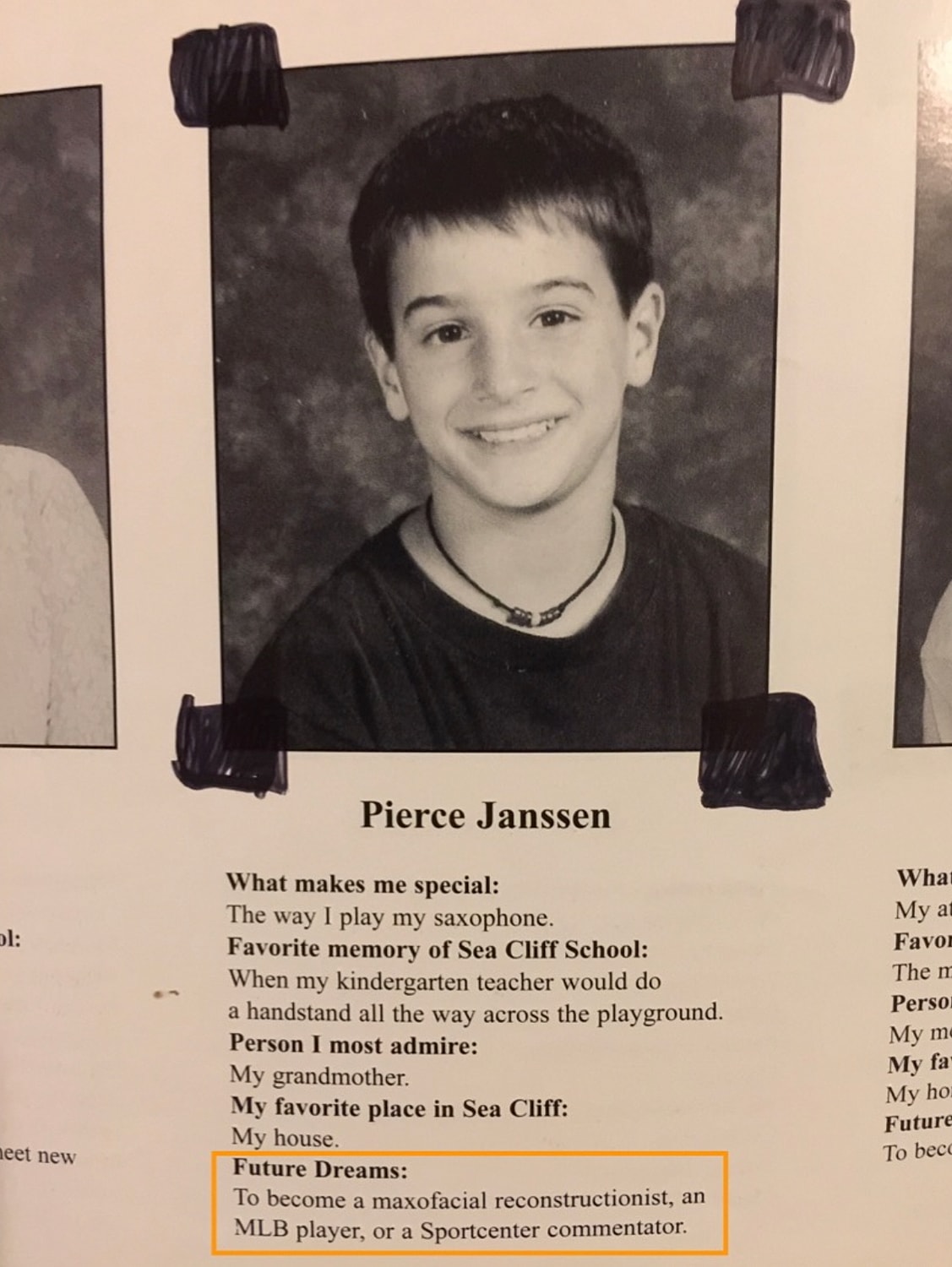 Yearbook photo with future dreams listed.