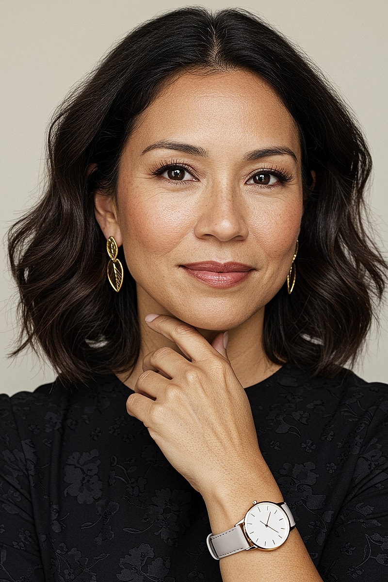 Woman with earrings and wristwatch, thoughtful pose.