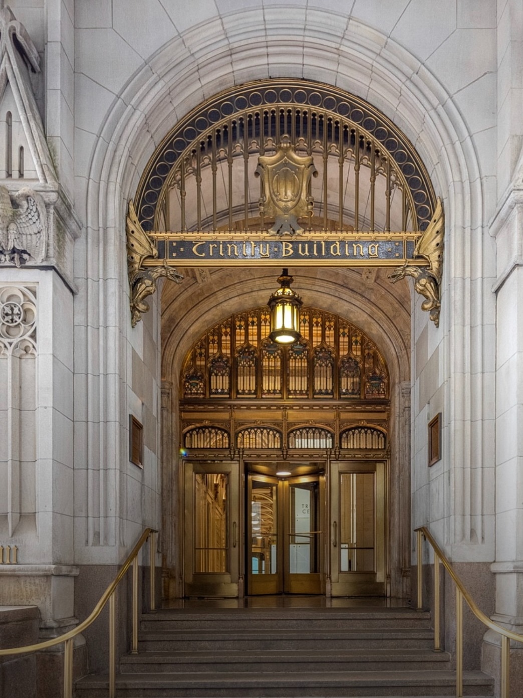 Trinity Building entrance with ornate architecture details.