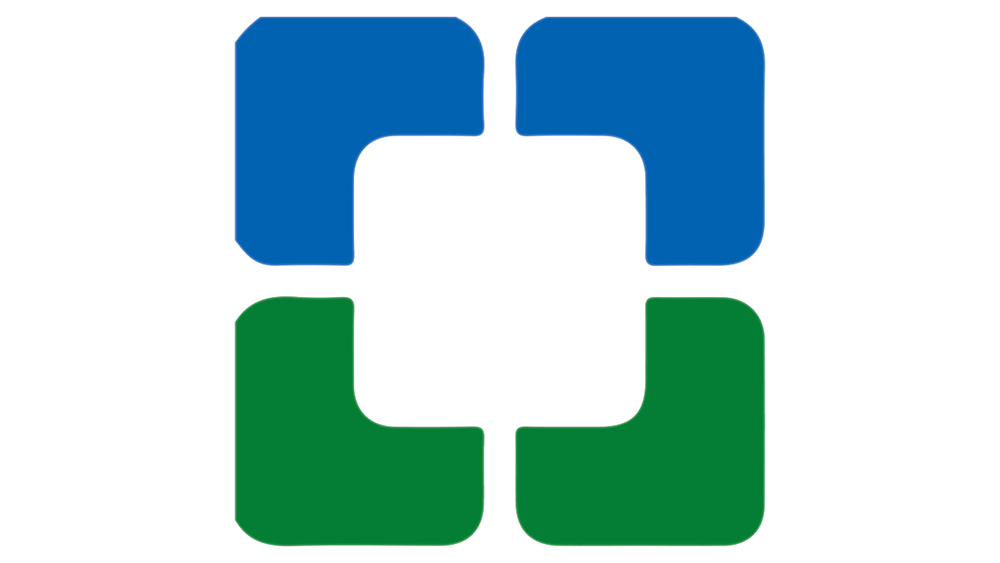 Logo with blue and green shapes.
