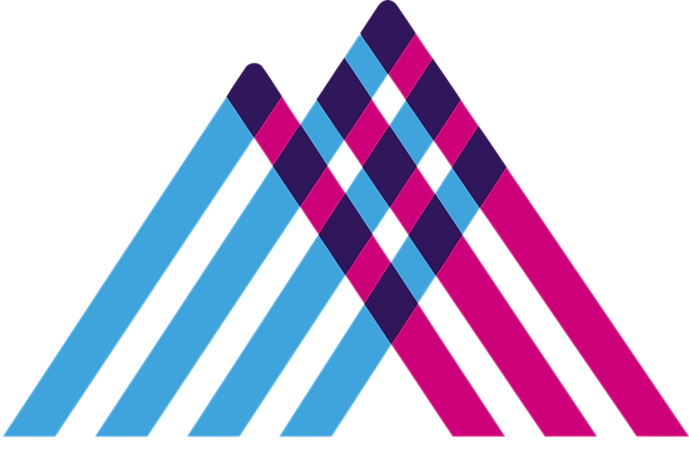 Geometric mountain design in blue and pink.
